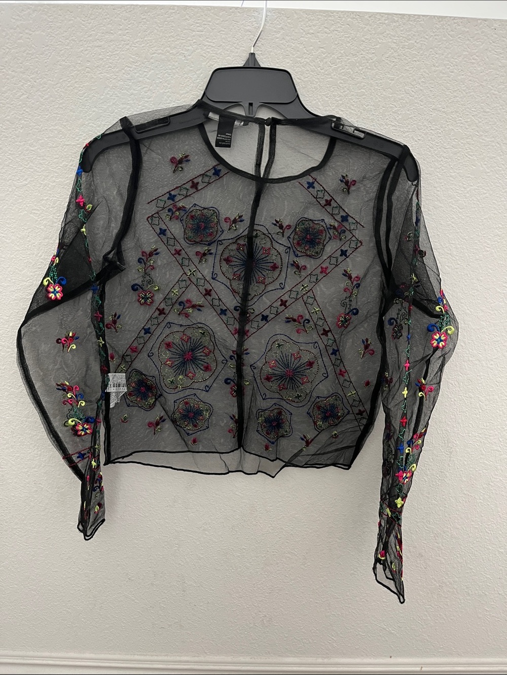 Forever 21 Black Sheer Mesh Embroidered Long-Sleeve Top - Picture 2 of 2